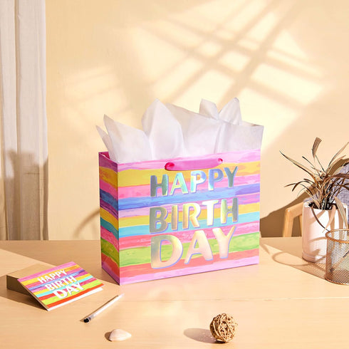 13" Large Birthday Gift Bag with Tissue Paper and Greeting Card – Colorful Gift Bag for Kids, Women, or Mom’s Birthday...