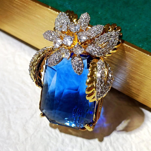 Gorgeous Floral Cobalt Blue Large Faceted Stone Brooch Gold Tone...