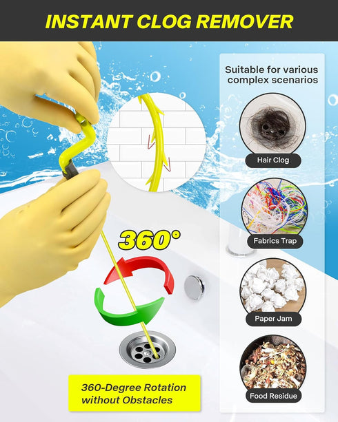 Drain Clog Remover Tool, 30 Inch Sink Snake Hair Clog Remover with Rotating Handle and 7 Wand Spares, Anti-Break Nylon Drain Hair Remover Plumbing...