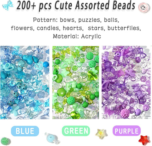 170~210pcs Cute Assorted Beads for Jewelry Making Acrylic Kawaii Aesthetic Beads for Bracelets Making Flower Butterfly Beads Bulk Necklaces DIY Mo...