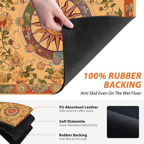 Boho Floral Sun Dish Drying Mat - Retro Boho Floral Sun and Moon Absorbent Dish Drying Mat for Kitchen Counter, Coffee Maker Mat for Countertops, ...