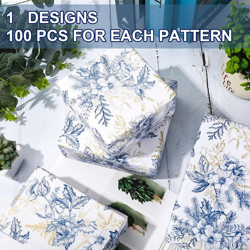 JarThenaAMCS 100 Sheet Floral Tissue Paper Blue Gold Flower Berry Wrapping Paper Vintage Art Tissue for Wedding Birthday Baby Bridal Shower DIY Cr...
