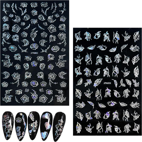 10 Sheets Flower Nail Stickers Silver Nail Decals 3D Self Adhesive Leaf Nail Art Stickers Holographic Laser Nail Designs Nail Art Supplies for Wom...