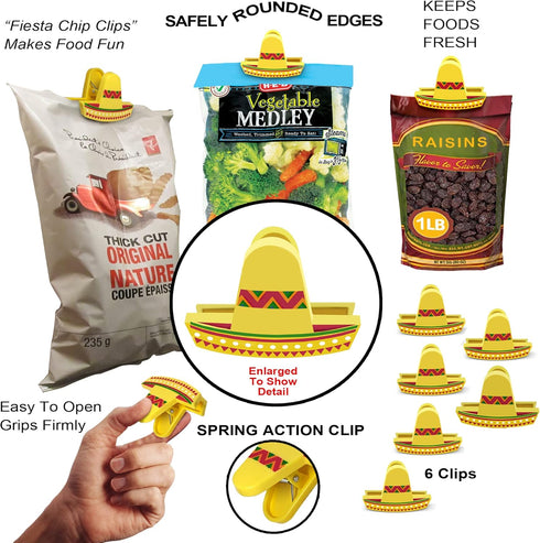 Sombrero Chip Clips, 6 Set Bag Clips, Tight Food Saver, Snack Bag Sealer, Air Tight Seal Grip for Food Storage, Chip Clip Bag Clip Food Clips, Fun...
