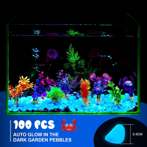 Jexine 100 Pcs Fish Tank Rocks Glow Blue, Fish Tank Stones Accessories Gravel with 10 Pack Artificial Aquatic Plants Fish Tank Plants Plastic Cora...