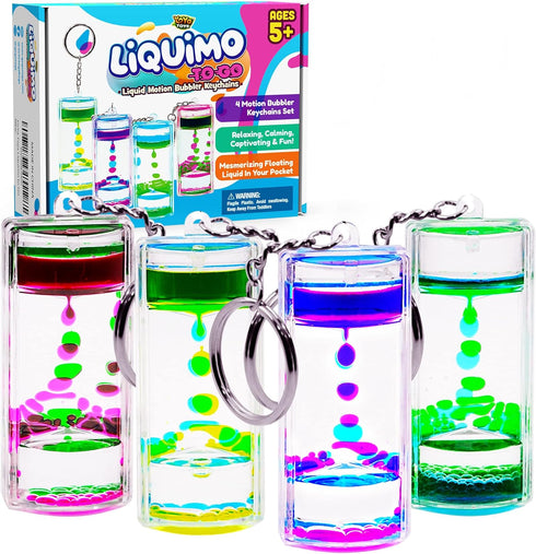 YoYa Toys Liquimo To Go Toys for Kids - Set of 4 Liquid Motion Bubbler Keychains - Liquid Timer for Play, Calming Toy for Kids, Fidget Keychain, S...