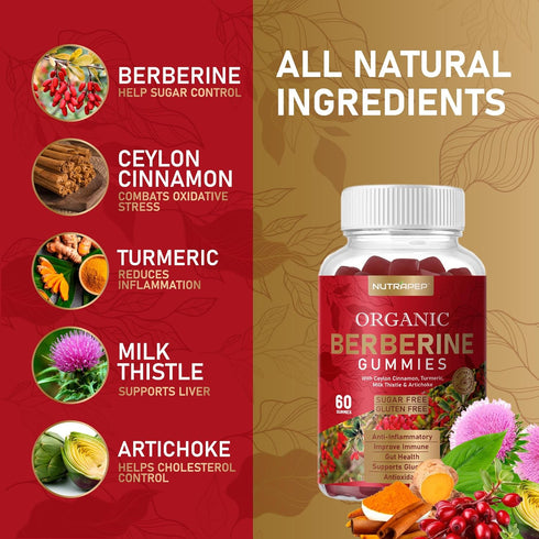 Premium Berberine HCl Gummies (1200mg) with Ceylon Cinnamon, Turmeric, Milk Thistle, and Artichoke - Sugar Free Gluten Free High Potency Supplemen...