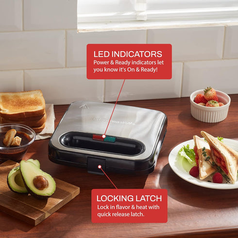 Elite Gourmet ESM2207SS# Stainless Steel Sandwich Panini Maker Grilled Cheese Machine Tuna Melt Omelets Non-stick Cooking Surface, 2 Slice, 750 Wa...
