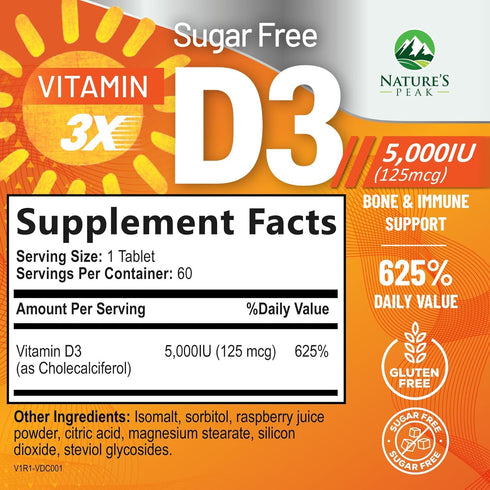 Vitamin D3 5000 IU (125 mcg) - Chewable D Vitamin for Bone, Teeth, Muscle & Immune Support, Sugar Free, Non-GMO, Gluten Free, Nature's Extra Stren...