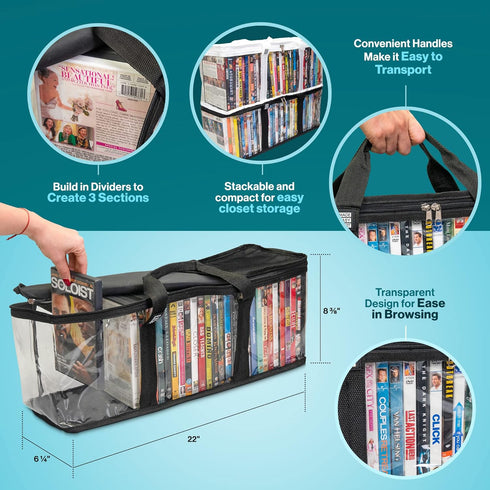 Made Easy Kit DVD Storage Bag - Clear PVC Organizer,Triple-Stitched Handles, Dividers - Stackable, Space-Saving, Fits 40 DVD Cases - Container for...