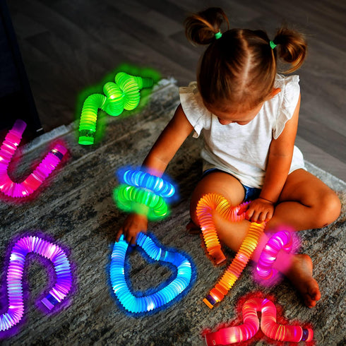 Light Up Pop Tubes for Kids 6 PCS, Glow Sticks Party Favors for Toddlers, Neon LED Stretchy Bracelets Necklaces Accessories for Children, Travel C...