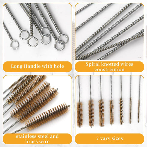 Tube Brush Kit Stainless Steel Brass Wire Bottle Wire Tube Brushes11'' Long-Handle Bristle Cleaning, 6mm/8mm/10mm/12mm/15mm/20mm/22mm Brass Tube B...