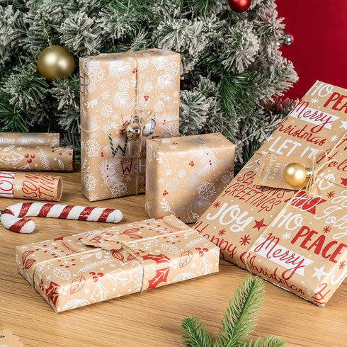 LeZakaa Christmas Kraft Wrapping Paper - Mini Roll - Snowflake/Berry Leaves/Happy Holidays Lettering for Gift Wrap, Arts Crafts - 17 x 120 inches ...