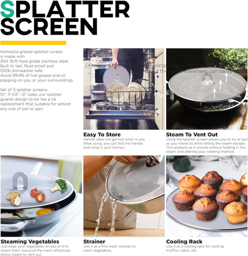 Homestia Splatter Screen for Kitchen, 304 Stainless Steel Fine Mesh Splatter Screen for Frying Pan, 13” Grease Splatter Guard with Fold Flat Knob...