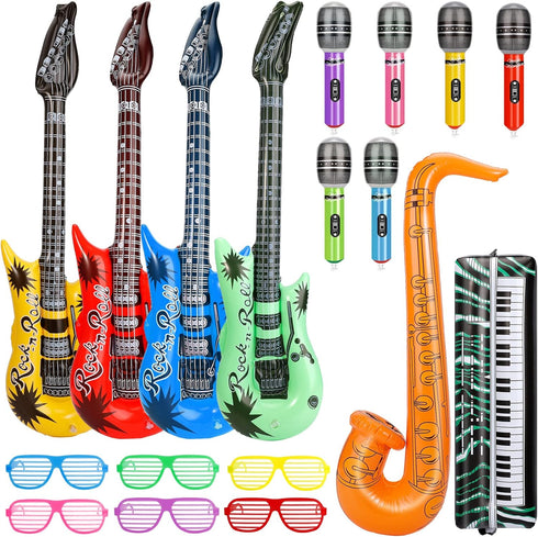 Inflatable Rock Star Toy Set,18 Pack Inflatable Music Instruments Party Props-4 Inflatable Guitar,6 Microphones,1 Piano,1 Saxophone,6 Shutter Shad...