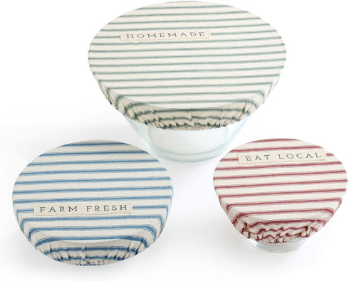 DEMDACO Homemade Striped 11 x 11 Cotton Linen Fabric Plate Serving Dish Covers Set of 3...