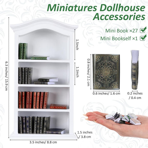 Poen 27 Pcs 1: 12 Scale Miniatures Dollhouse Books and a Wooden Bookcase Dollhouse Decoration Accessories 1: 12 Dollhouse Miniature Furniture 4 Fl...