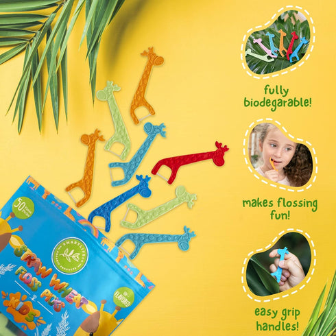 Biodegradable Kids Flossers - Fluoride & Plastic Free | Eco Friendly Dental Floss Picks for Children | Natural Fun Animal Flossing Sticks for Todd...