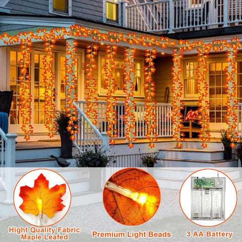 5 Pack Fall Decor Fall Garland with Lights Fall Decorations for Home, Total 50 Ft 100 LED Enlarged Maples Leaves Waterproof Battery Operated Autum...