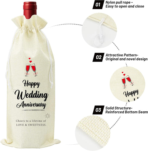Omoojee 4 Pcs Wedding Anniversary Wine Bag, Couple Gift for Married Anniversary, Flax Drawstring Wine Bag...
