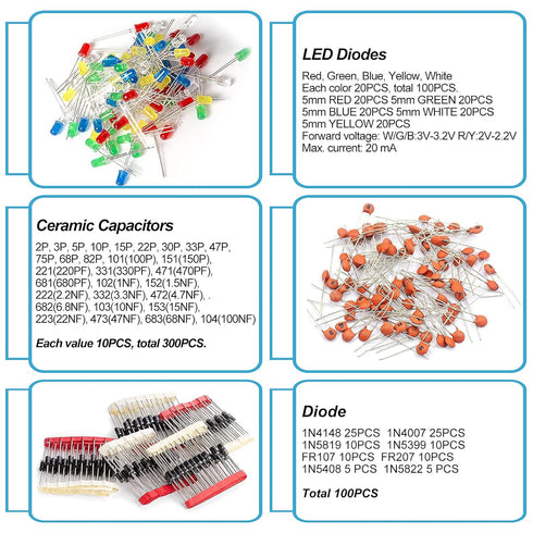 1400Pcs Basic Electronics Component Assortment Kit, Electrolytic Capacitor, Ceramic Capacitor, LED Diode, Common Diode, Resistor, Transistor Compo...
