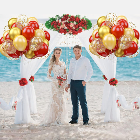 60 Pieces Balloons Red and Gold, 12 Inch Ruby Red Metallic Chrome Gold Pearl Gold Confetti Latex Balloons, Retro Red Gold Party Balloons for Weddi...