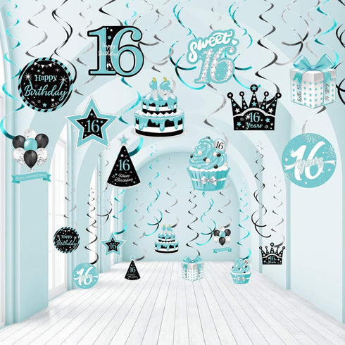 Sumind 30 Pcs Birthday Hanging Swirl Decorations, Teal Silver Black Blue Turquoise Happy Birthday Foil Swirls Ceiling Decor for Girls Sweet Decora...