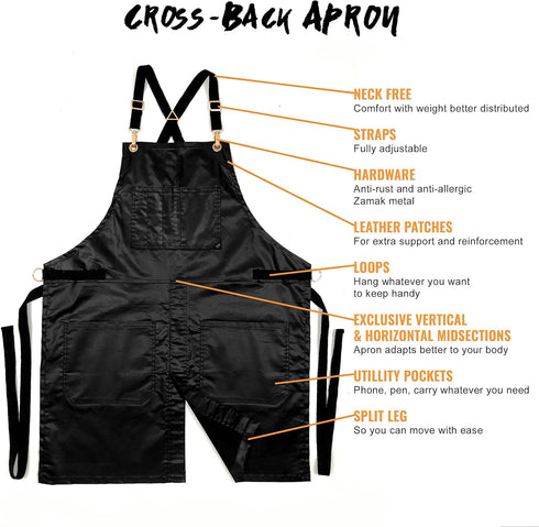 Under NY Sky Cross-Back Black Apron – Golden Hardware, Coated Twill, Leather Reinforcement, Split-Leg – Adjustable for Men, Women, Pro Barber, Tat...