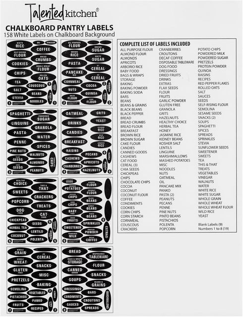 Talented Kitchen 158 Pieces Chalkboard Pantry Stickers - 158 Pieces, White All-Caps on Black, 8.5 x 11 in - Water-Resistant Vinyl Preprinted Label...