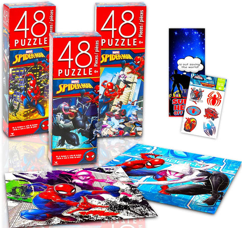 Marvel Spider-man Jigsaw Puzzle Mega Bundle ~ 3 Marvel Spiderman Puzzles for Kids | Featuring Spiderman, Venom Jigsaw Puzzle and More with Tattoos...