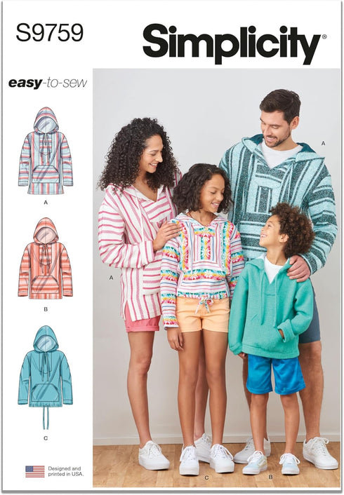 Simplicity Easy Children's, Teens' and Adults' Hoodie Sewing Pattern Packet, Code S9759, Sizes XS - L/XS - XL, Multicolor...