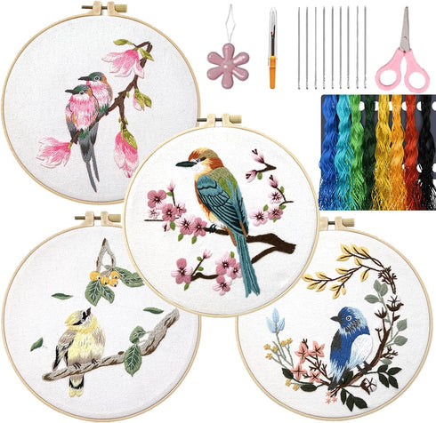 Generic 4 Sets Embroidery Kit for Beginners Adults Cross Stitch Starter Kits DIY Embroidery Kits with Patterns and Instructions Hoops Needles Thre...