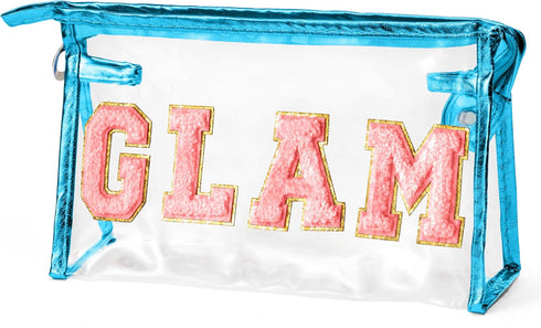 Preppy Patch Cosmetic Bag - Summer GLAM Chenille Varsity Letter Toiletry Bag Transparent PVC Zipper Makeup Bag Waterproof Portable Travel Beach Ba...