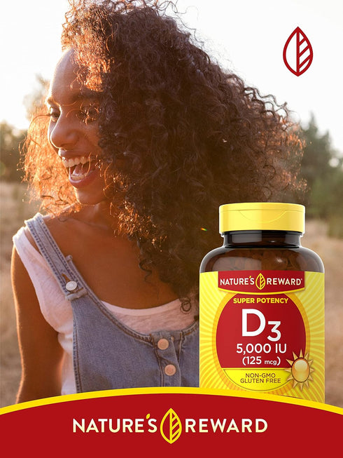 Nature's Reward Vitamin D3-5000 IU - 360 Softgels - Non-GMO & Gluten Free Supplement...