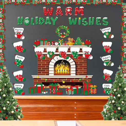 70 Pieces Christmas Bulletin Board Decorations Warm Holiday Wishes Fireplace Cutouts Xmas Hearth Classroom Decor for Office School Wall Bulletin B...
