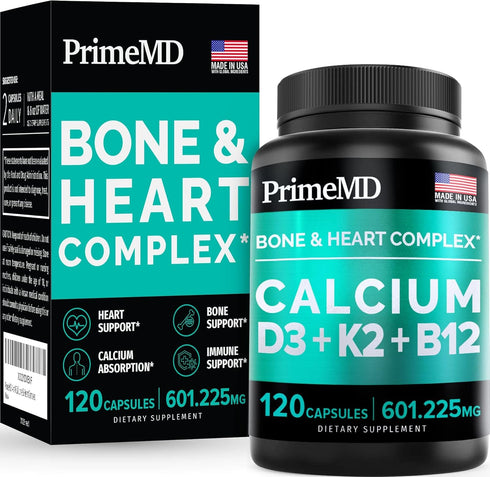 PrimeMD 4-in-1 Calcium Supplements for Women & Men - Calcium 600mg with Vitamin D3 K2 B12 5000 IU Supplement for Heart, Bone & Body Defenses - Glu...