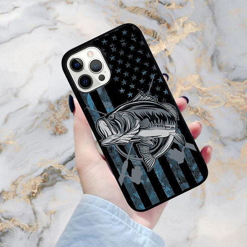 Camo American Flag Bass Fishing Gift Love Fishing Fisherman Case - Compatible with iPhone 14 Pro - Durable Non-Slip TPU Rubber Shockproof Slim Cas...