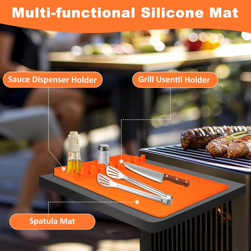 Silicone Griddle Tools Mat for Blackstone,Grill BBQ Caddy Utensils Holder, 3 in 1 Spatula Mat with Drip Pad,Blackstone Griddle Accessories,Orange...