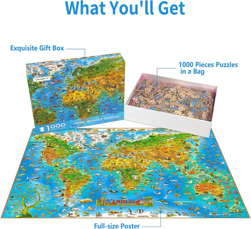 1000 Piece Puzzle for Adults Mini Puzzle Animals of The World Jigsaw Puzzles for Adults Animal Map Wooden Puzzle for Adults Teens Kids Gift 1000 P...