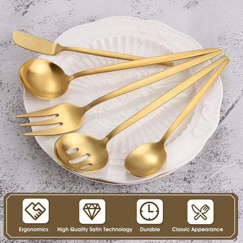 Matte Gold Serving Silverware Set, 5-Piece Round Shared Utensils Set of Stainless Steel, Hostess Flatware Serving Set, Satin Finish, Dishwasher Sa...
