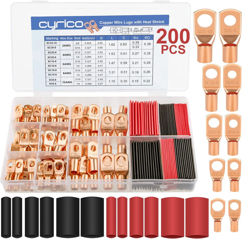 200pcs Battery Cable Ends, Copper Wire Lugs AWG 2 4 6 8 10 Gauge - 100Pcs Battery Cable Lugs Ring Terminal Connectors with 100Pcs Heat Shrink Asso...