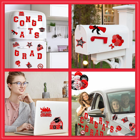 45pcs 2024 Graduation Car Magnets Balloons Decorations Red and Black Grad 2024 Graduation Fridge Magnets Car Garage Door Magnetic Stickers Class o...