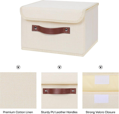 ANMINY Storage Bin with Lid Storage Boxes with PU Leather Handles PP Plastic Board Decorative Foldable Lidded Cotton Linen Fabric Home Cubes Baske...