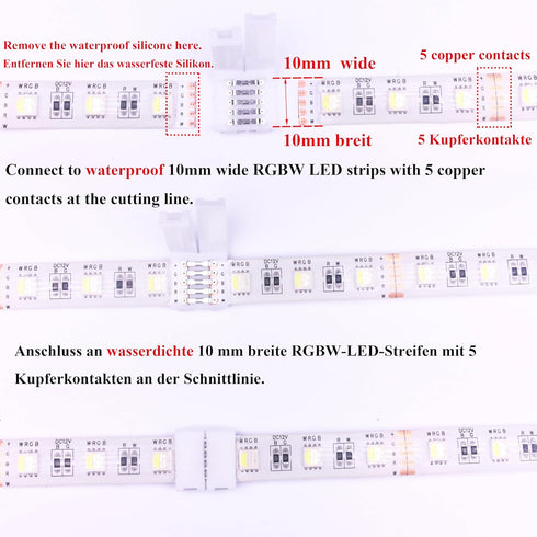 20pcs RGBW LED Strip Connector 5 pin 10mm Wide RGBW 5050 LED Tape Connector RGBW LED Ribbon Snap Down Connector 5-Conductor RGBW LED Rope Connecto...