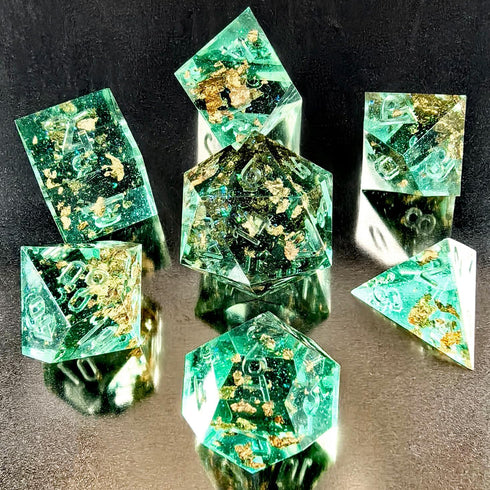Unpainted Shimmery Sharp Edge DND Dice Set with Golden foil, Handmade 7 Piece Razor Edged Polyhedral RPG Dice Set for Role Playing Games...
