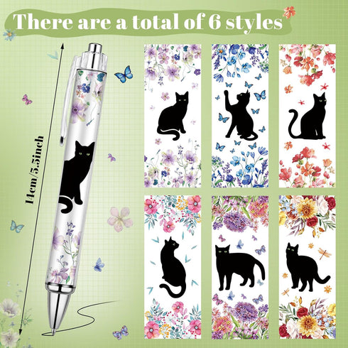 24 Pcs Black Cat Cute Ballpoint Pens Set Vintage Flowers Print Black Cat Pens Kawaii Kitty Pens Fancy Cute Supplies Accessories Writing Pens for C...