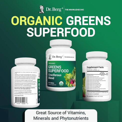 Dr. Berg's Greens Superfood Cruciferous Vegetable Tablets - Vegetable Supplements for Adults w/ 11 Phytonutrient Super Greens Tablets - Energy, Im...