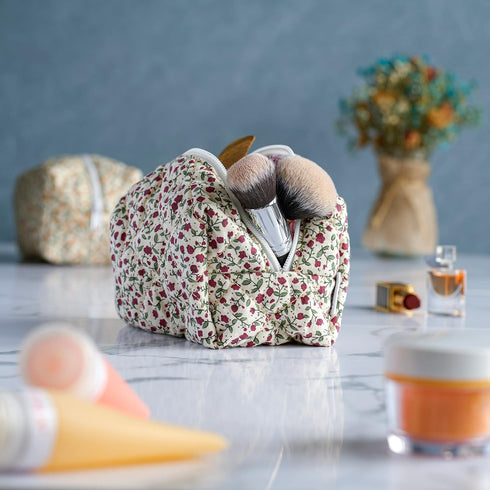 Floral Puffy Quilted Makeup Bag, Toiletry Tote, Cosmetics Pouch, Quilted Tote Floral, Floral Cosmetic Bag (Flowers Red)...