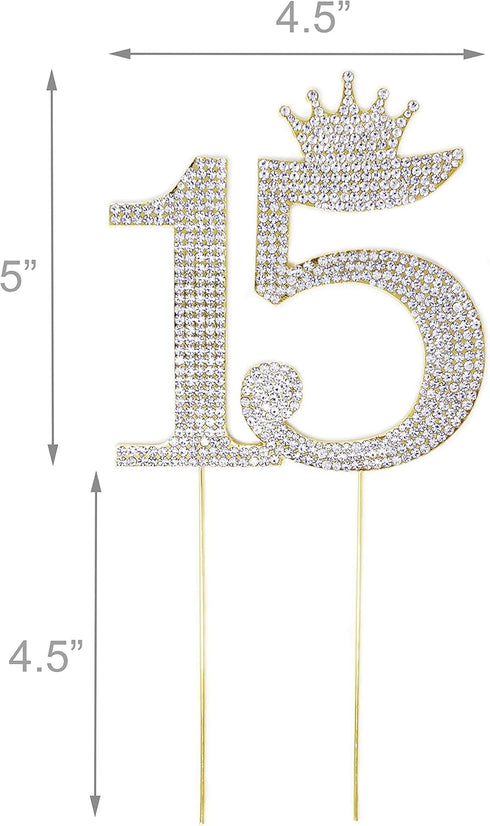 Number 15 Quinceanera Rhinestone Princess Crown Monogram Cake Topper - Sweet 15th Birthday Party (Gold)...