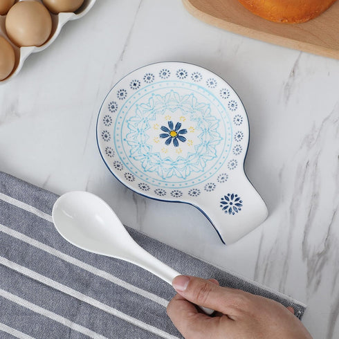 Hand Painted Spoon Rest, 5.5" Ceramic Spoon Holder for Stove Top and Kitchen Counter, Blue Pattern Utensil Rest, Great Cooking Gifts for Friends, ...